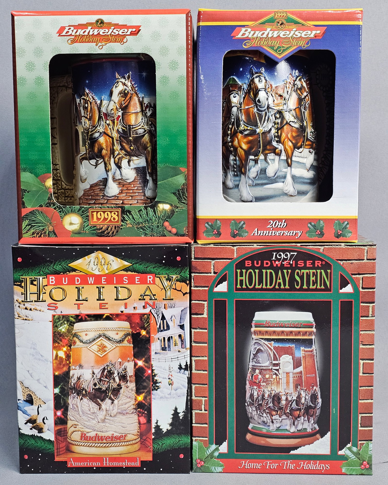 Four Budweiser Holiday Steins 1996-1999: This collection includes four ceramic relief steins manufactured for Anheuser-Busch by Ceramarte in Brazil, covering the annual series from 1996 to 1999. Each stoneware vessel features the iconic Budw