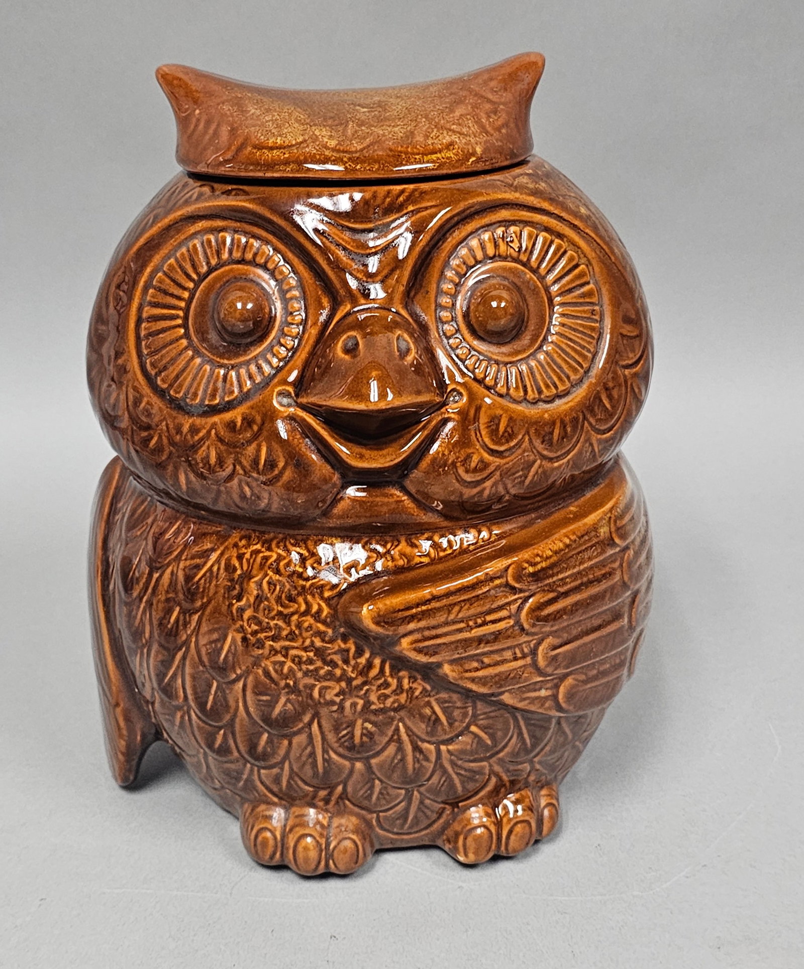 McCoy Ceramic Brown Owl Cookie Jar: A vintage two-piece ceramic figural cookie jar modeled as a perched owl. The earthenware vessel is finished in a high-gloss mottled brown glaze with a dark brown glazed interior. The underside of the 