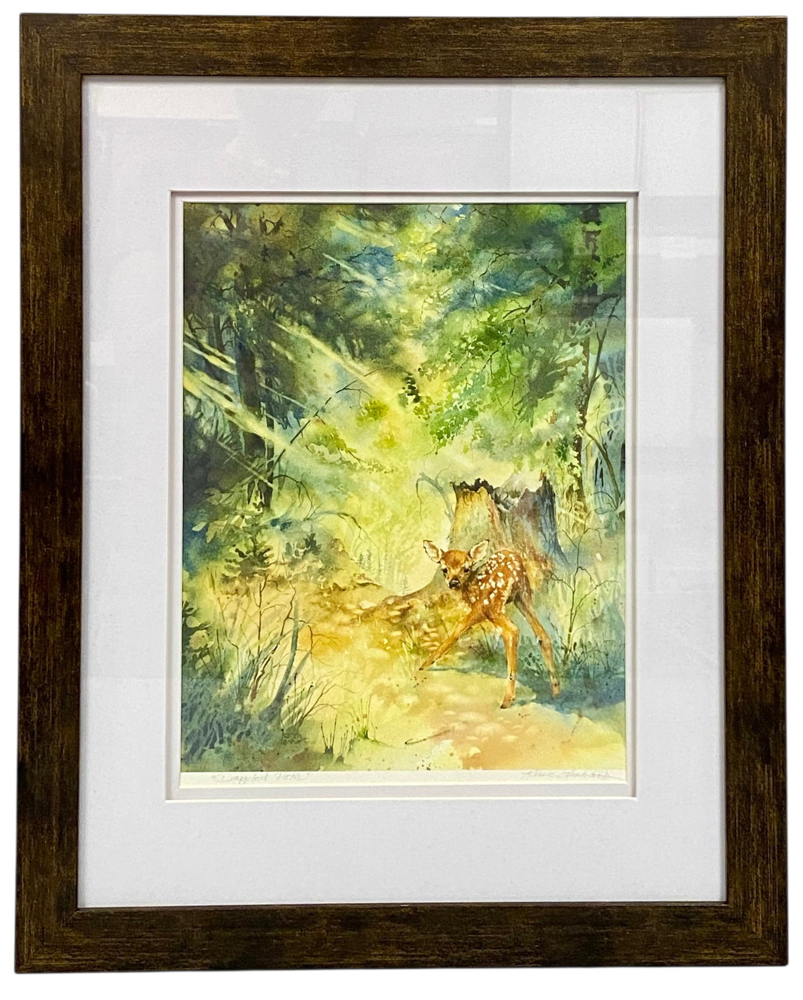 Karen Lenhart Dappled Path Gicl?©e: A gicl?©e print on textured fine art paper after a watercolor by Karen Lenhart titled Dappled Path depicts a fawn in a sunlit forest. The lower left margin features a handwritten pencil inscription r