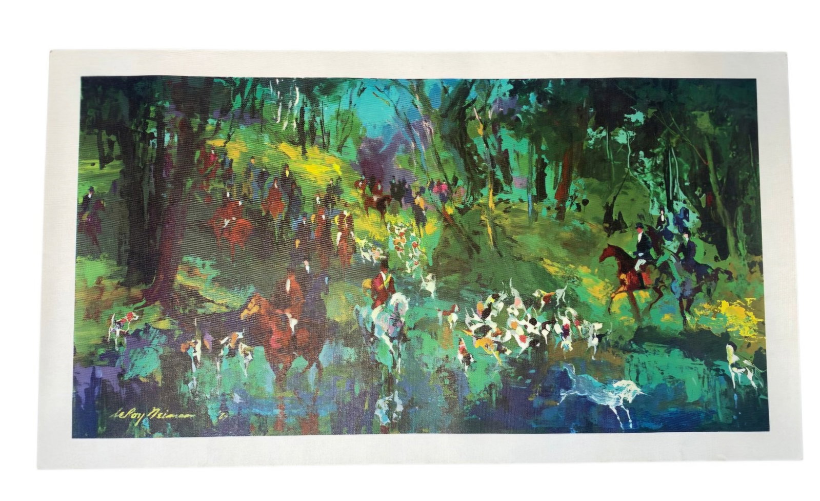 LeRoy Neiman Hunt of the Unicorn Canvas Transfer Print: A vibrant color print on a textured, canvas-like substrate titled Hunt of the Unicorn by the sporting artist LeRoy Neiman. The composition captures a traditional equestrian fox hunt scene, featuring n