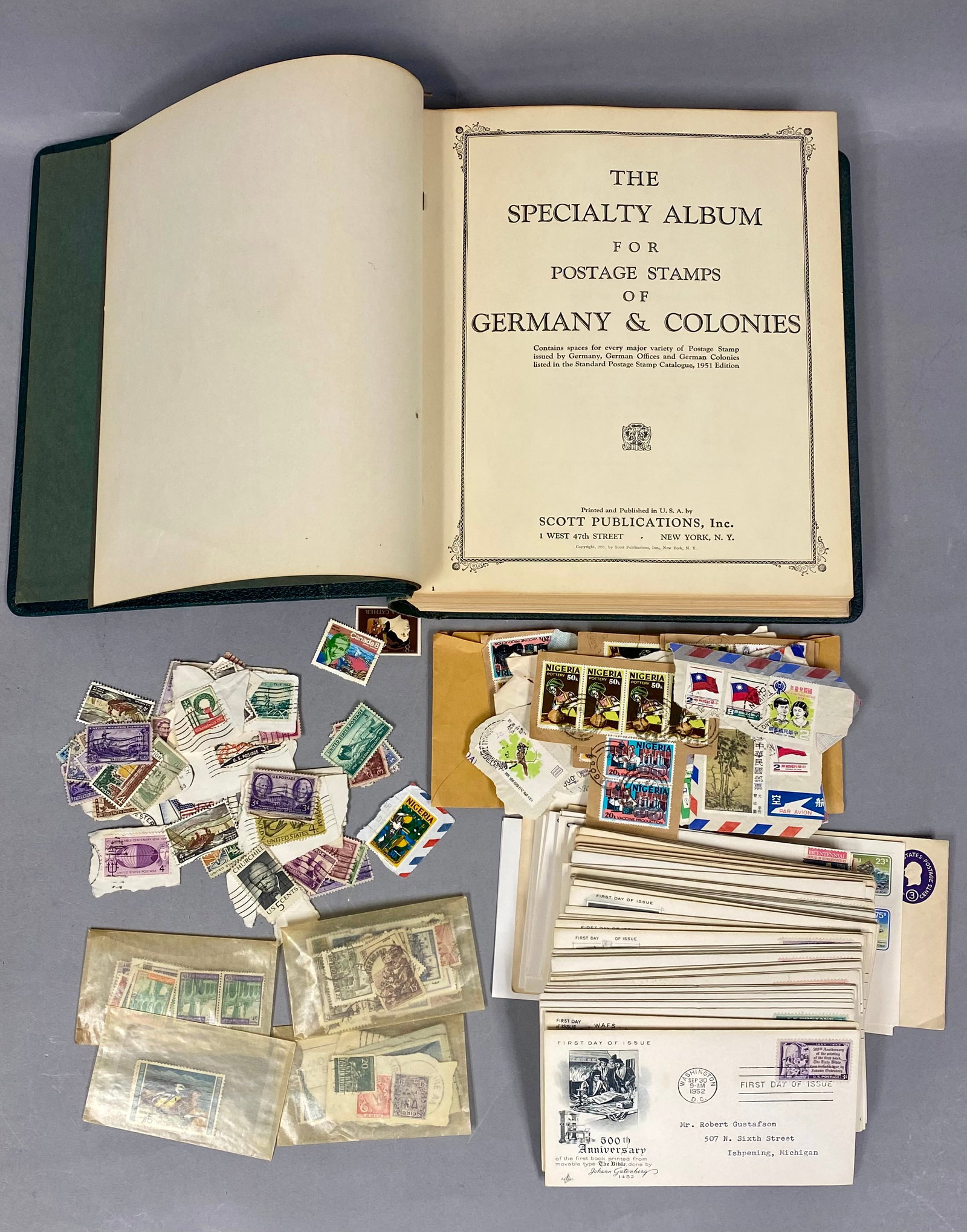 Scott DE & Colonies Green Album & US Stamps: Vintage philatelic collection centered on a Scott Specialty Album for Postage Stamps of Germany & Colonies, copyright 1951, published by Scott Publications, Inc. of New York. The green textured