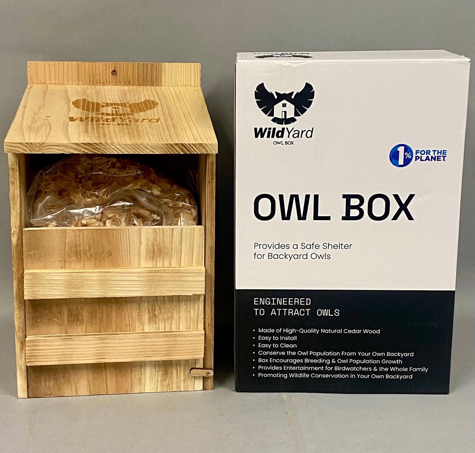 WildYard Cedar Prebuilt Owl Nesting Box: This prebuilt nesting box is designed to provide shelter for backyard owls and kestrels and is constructed from natural cedar wood. The unit features a sloped roof with a heat-branded logo consisting