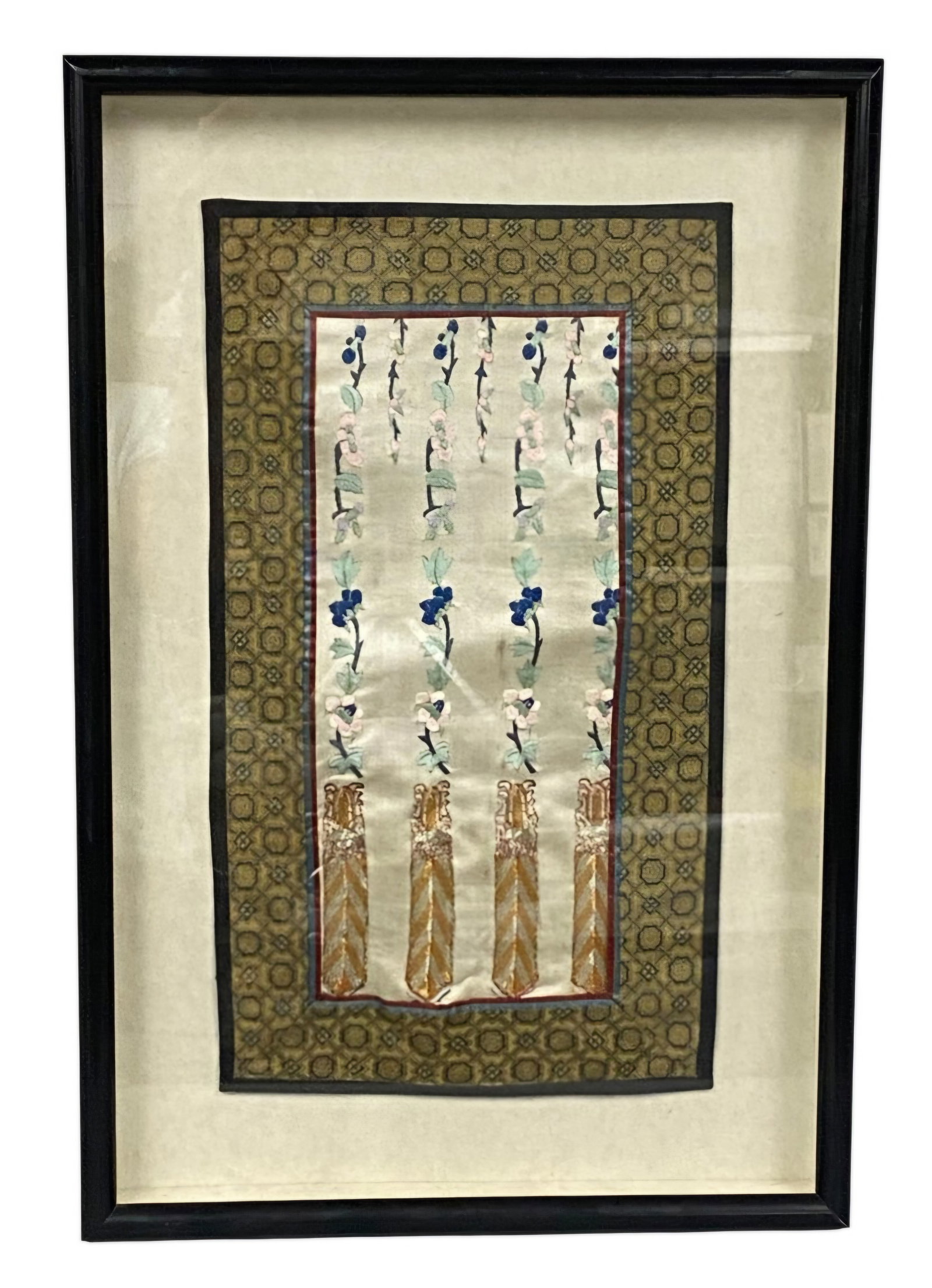 Chinese Silk Embroidered Sleeve Band: This framed Chinese textile consists of a vertical silk panel, likely a repurposed sleeve band from a late Qing Dynasty garment. The central cream-colored silk ground is decorated with four