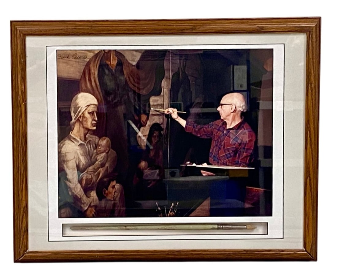 Frank Cassara Signed Muralist Photograph with Paintbrush: A chromogenic color photograph depicting the Michigan artist and muralist Frank Cassara. at work on his mural for the Board of Water and Light plant in Lansing, Michigan. The image captures Cassara