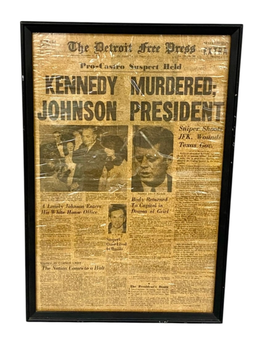 Detroit Free Press JFK Assassination Extra Newspaper: A framed Extra edition of The Detroit Free Press dated Saturday, November 23, 1963. This state edition chronicles the assassination of President John F. Kennedy in Dallas, Texas. The masthead