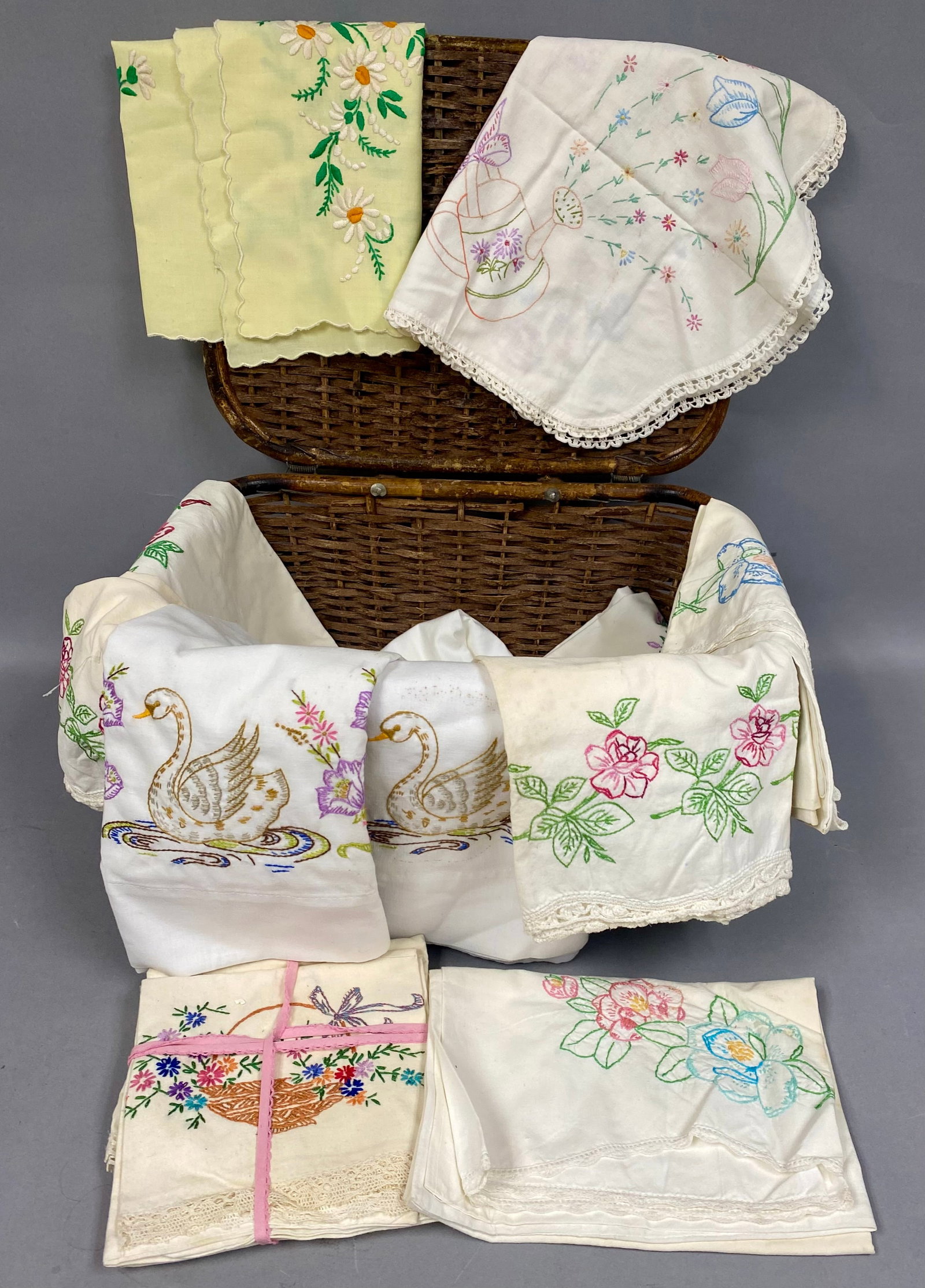 Vintage Wicker Basket & Embroidered Linens (1 of 12)