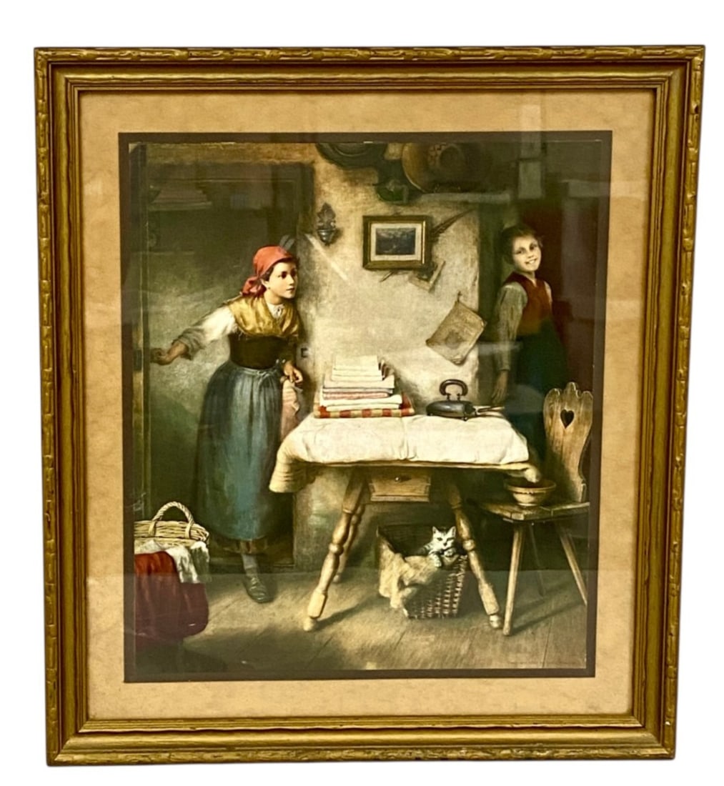 'Hide and Seek' Color Print: A color print on paper titled 'Hide and Seek' after Wilhelm Hasselbach, featuring a copyright date of 1908. The rustic interior genre scene depicts a young girl in a red headscarf peering through a do