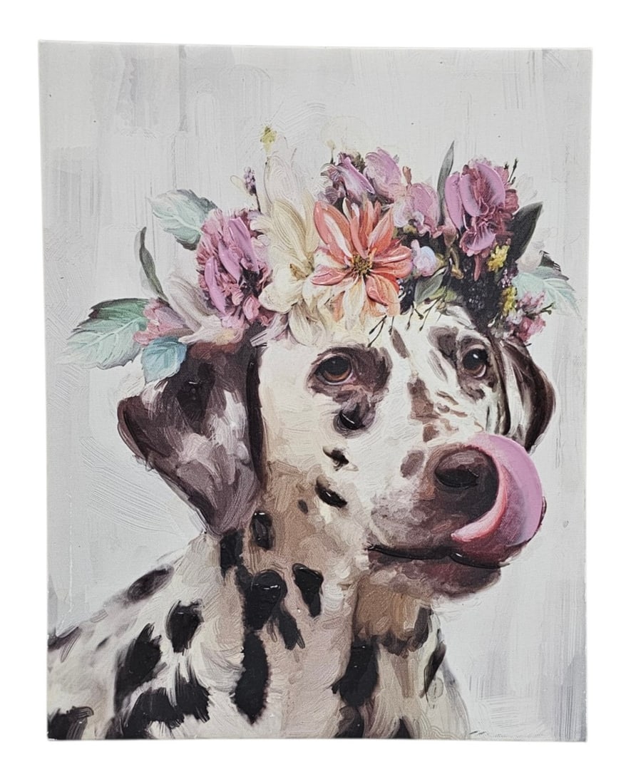 Glicee Dalmatian Flower Crown Canvas: This contemporary mixed media artwork on canvas presents a whimsical portrait of a Dalmatian dog adorned with a vibrant floral crown. The composition is built upon a digital print base, embellished wi