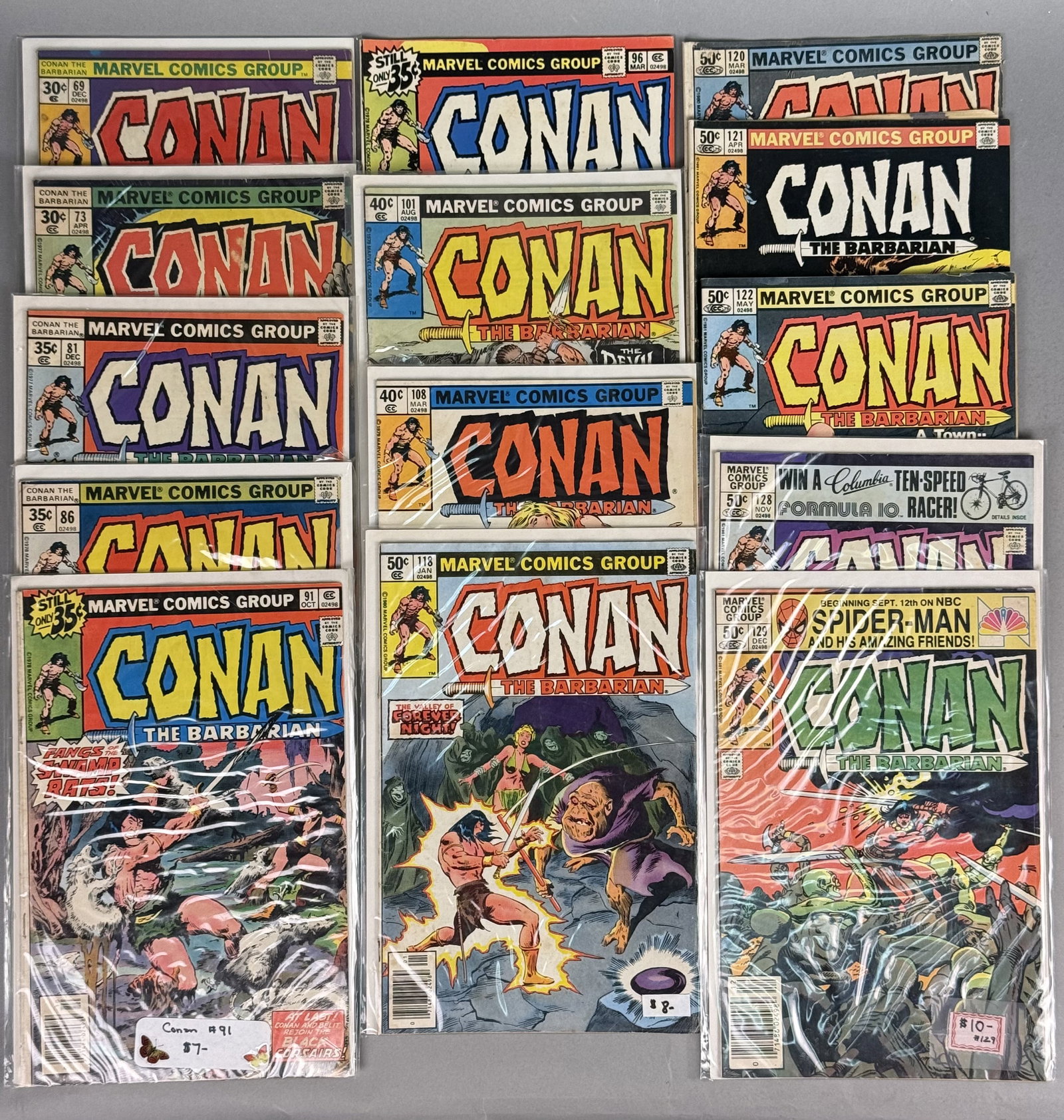 14 Conan the Barbarian Marvel Comics: A collection of 14 vintage Marvel comic books featuring Conan the Barbarian, published between 1976 and 1981. The assortment includes issues within the #69 through #129 range, showcasing cover art by