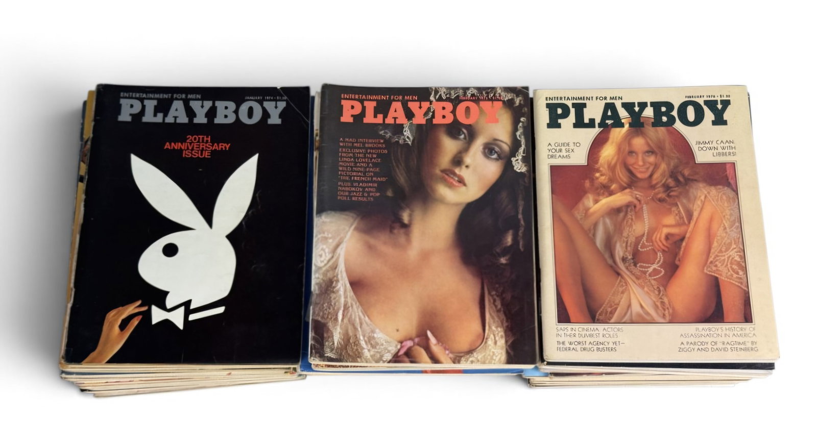 Collection of 1970s Playboy Magazine Issues: Playboy magazines comprising complete annual runs for the years 1974, 1975, and 1976. Published by Playboy Enterprises, Inc., the issues include the January 1974 20th Anniversary Issue and feature