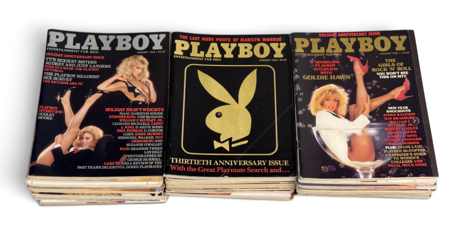 Vintage Playboy Magazines 1983-1985: This collection consists of issues of Playboy magazine published by Playboy Enterprises, Inc., dating from 1983, 1984, and 1985. The lot includes the Thirtieth Anniversary Issue from January 1984 feat
