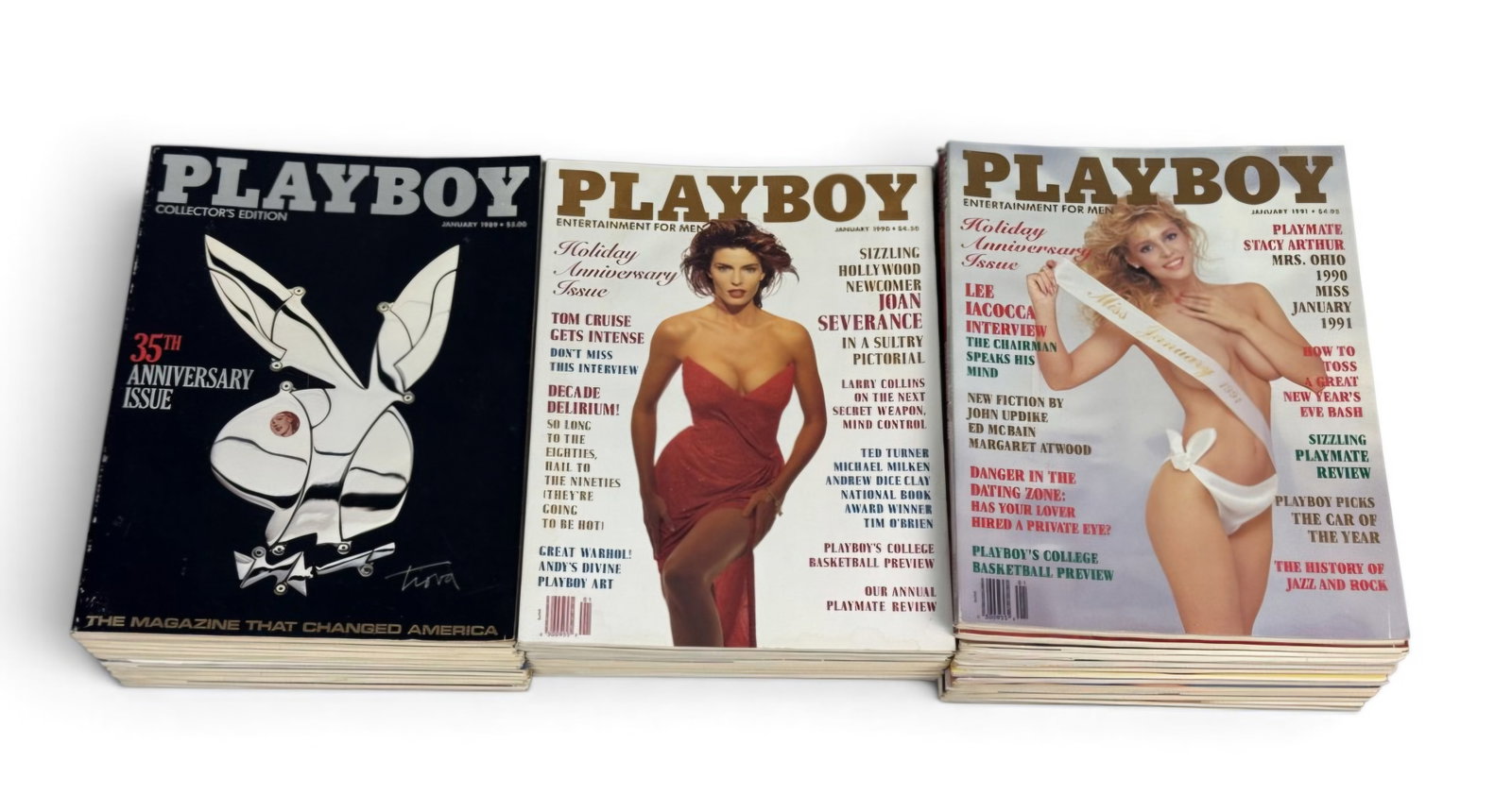 Thirty-Six Playboy Magazines 1988-1991: This lot features a collection of thirty-six monthly Playboy magazines comprising full annual runs for 1989, 1990, and 1991. Produced by offset lithography on gloss and matte paper stock, the archive