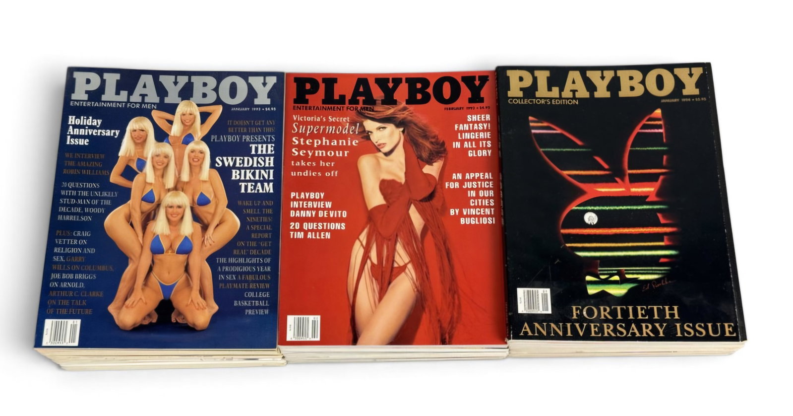 Thirty-Five Playboy Magazines 1992-1994: A collection of thirty-five (35) vintage Playboy magazines comprising complete calendar year sets for 1992 and 1994, and a near-complete eleven-issue run for 1993. Key issues include the January 1992