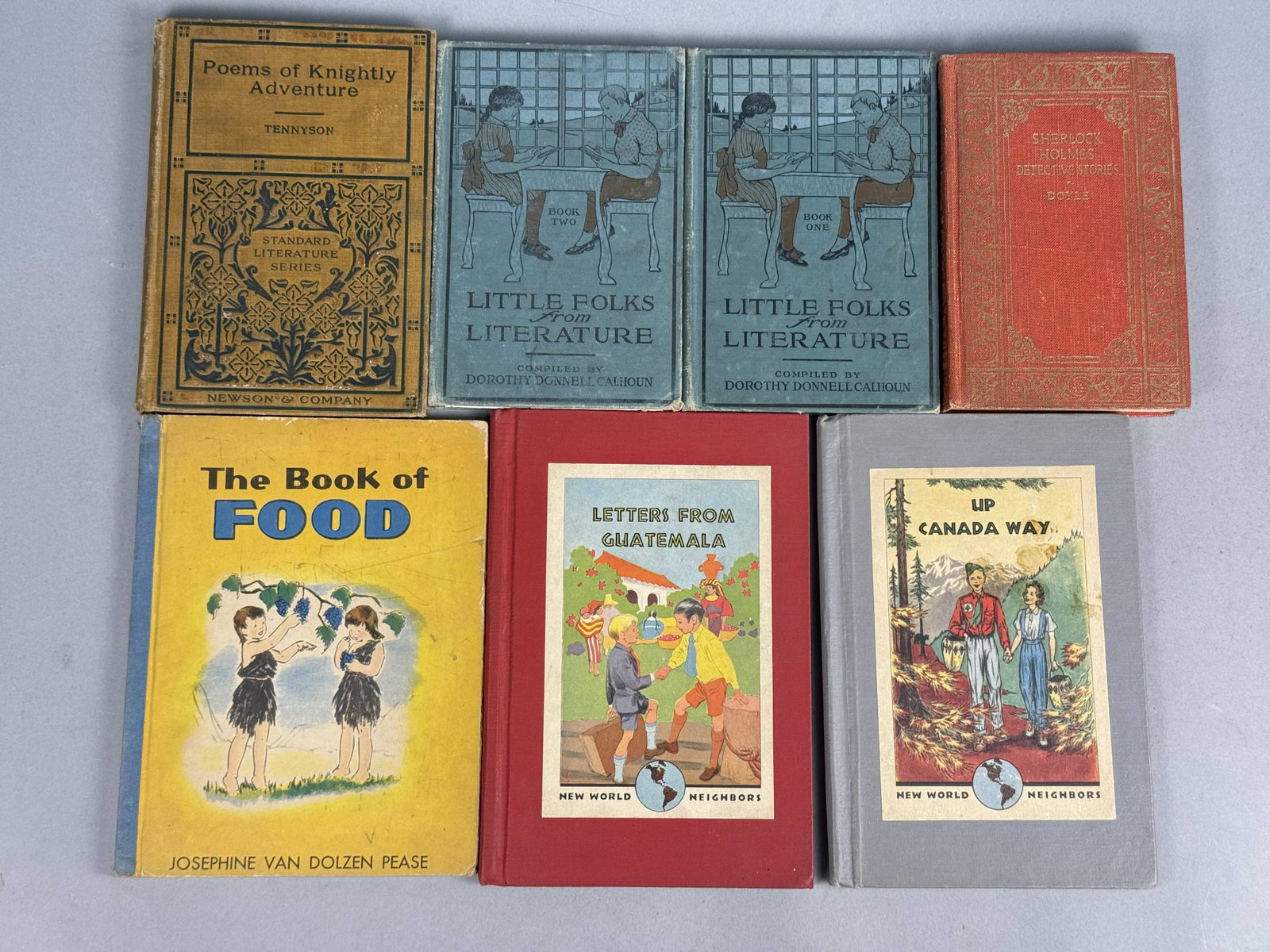 Assortment of Vintage Children's Literature: This collection features early 20th-century children's and educational volumes including Dorothy Donnell Calhoun's Little Folks From Literature (1915) and Tennyson's Poems of Knightly Adventure