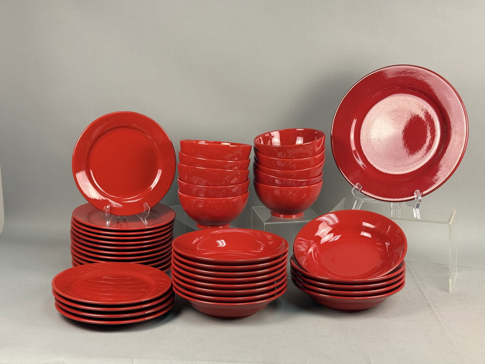 Large Red Glazed Stoneware Dinnerware Set - 2