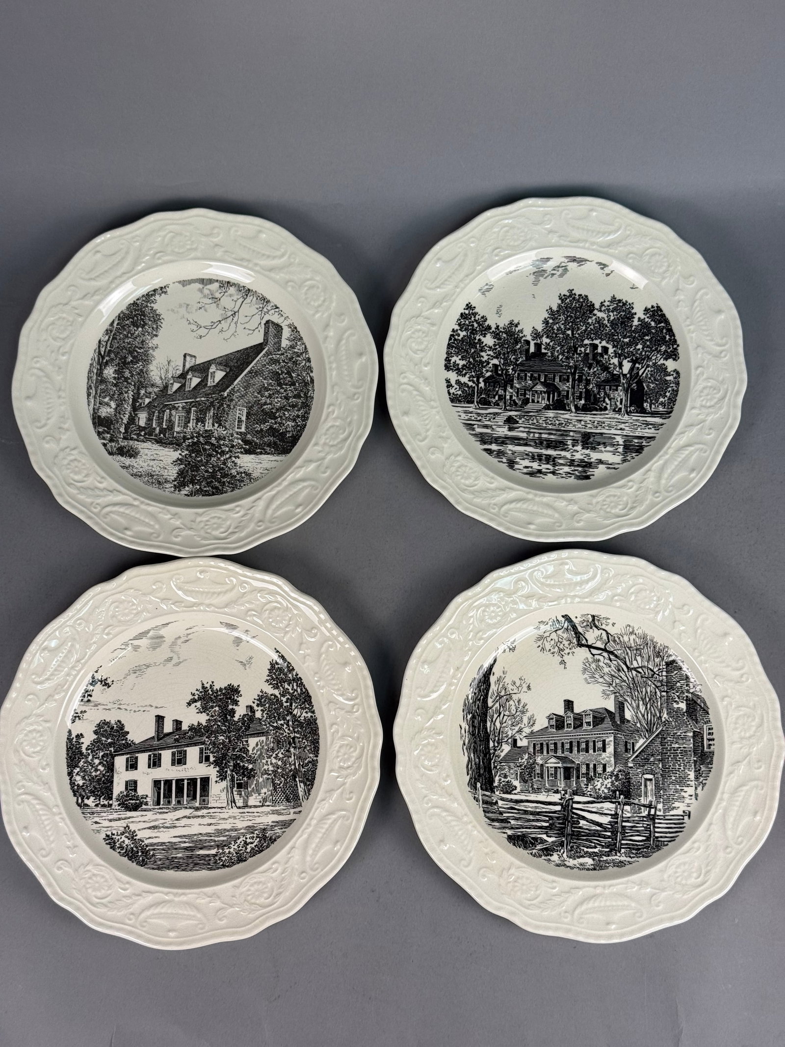 Steubenville Adam Antique Earthenware Memory Plates: A set of four earthenware collector plates from the Memory Plates series, featuring historic homes of Saint Mary's County, Maryland. These plates were manufactured by the Steubenville Pottery Company 