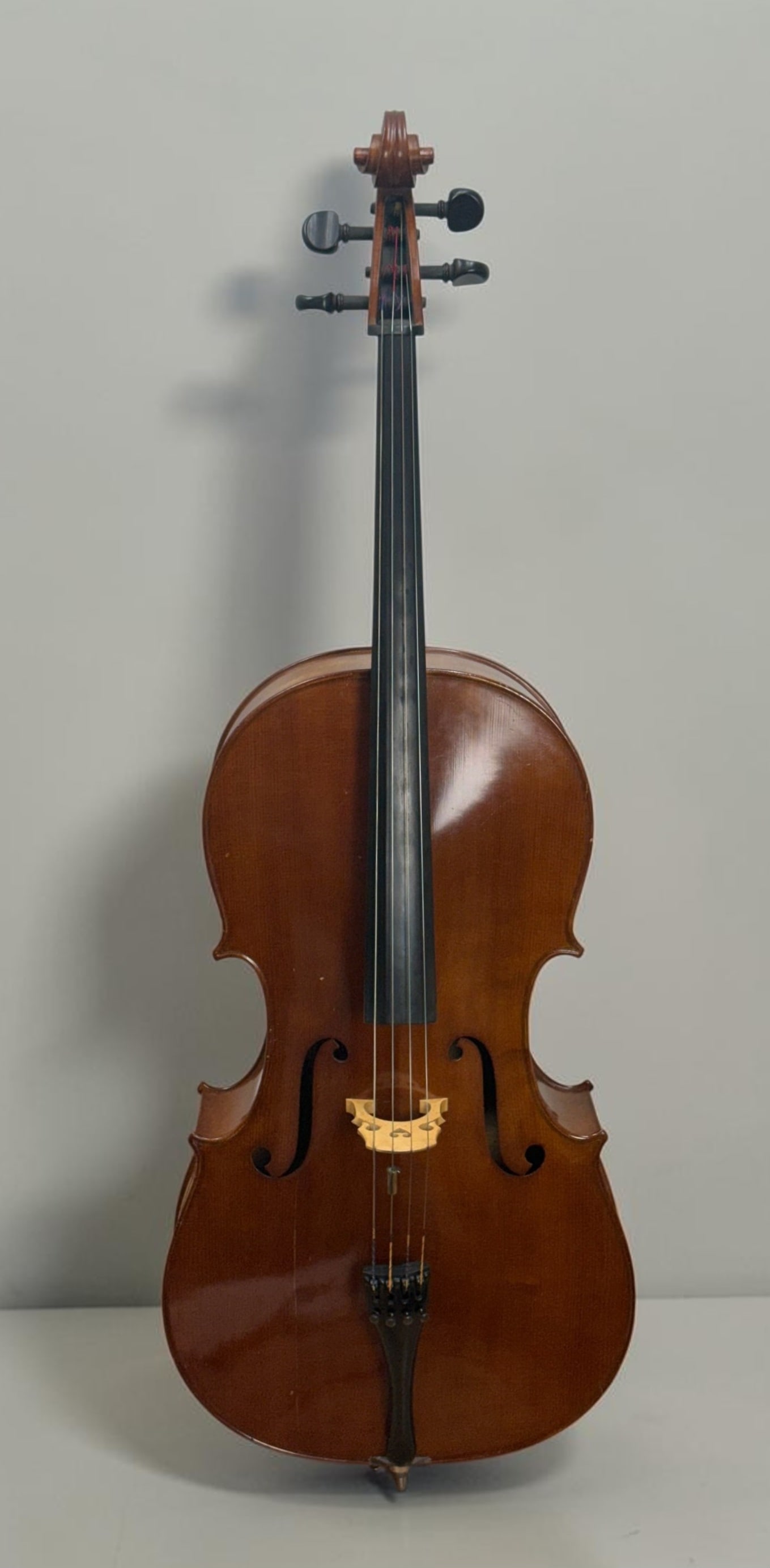 Alberto Morales Cello: This full-size (4/4) acoustic cello is constructed with a spruce top featuring fine, straight grain and a two-piece flamed maple back with a moderate, consistent horizontal curl. The ribs, neck, and