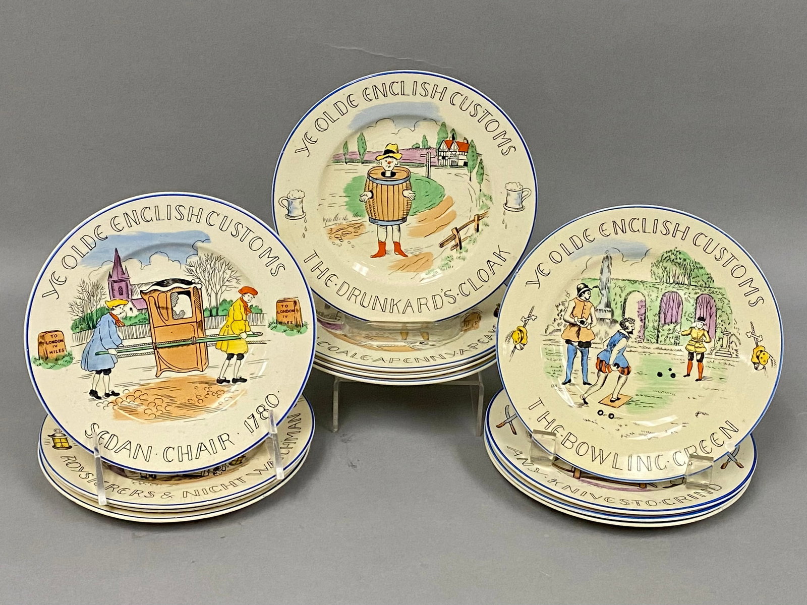 Twelve Ye Olde English Customs Plates: A set of twelve earthenware plates from the Ye Olde English Customs series produced by Burgess & Leigh for the American importer Fondeville. (circa 1930s1950s) Each plate features a unique polychrome