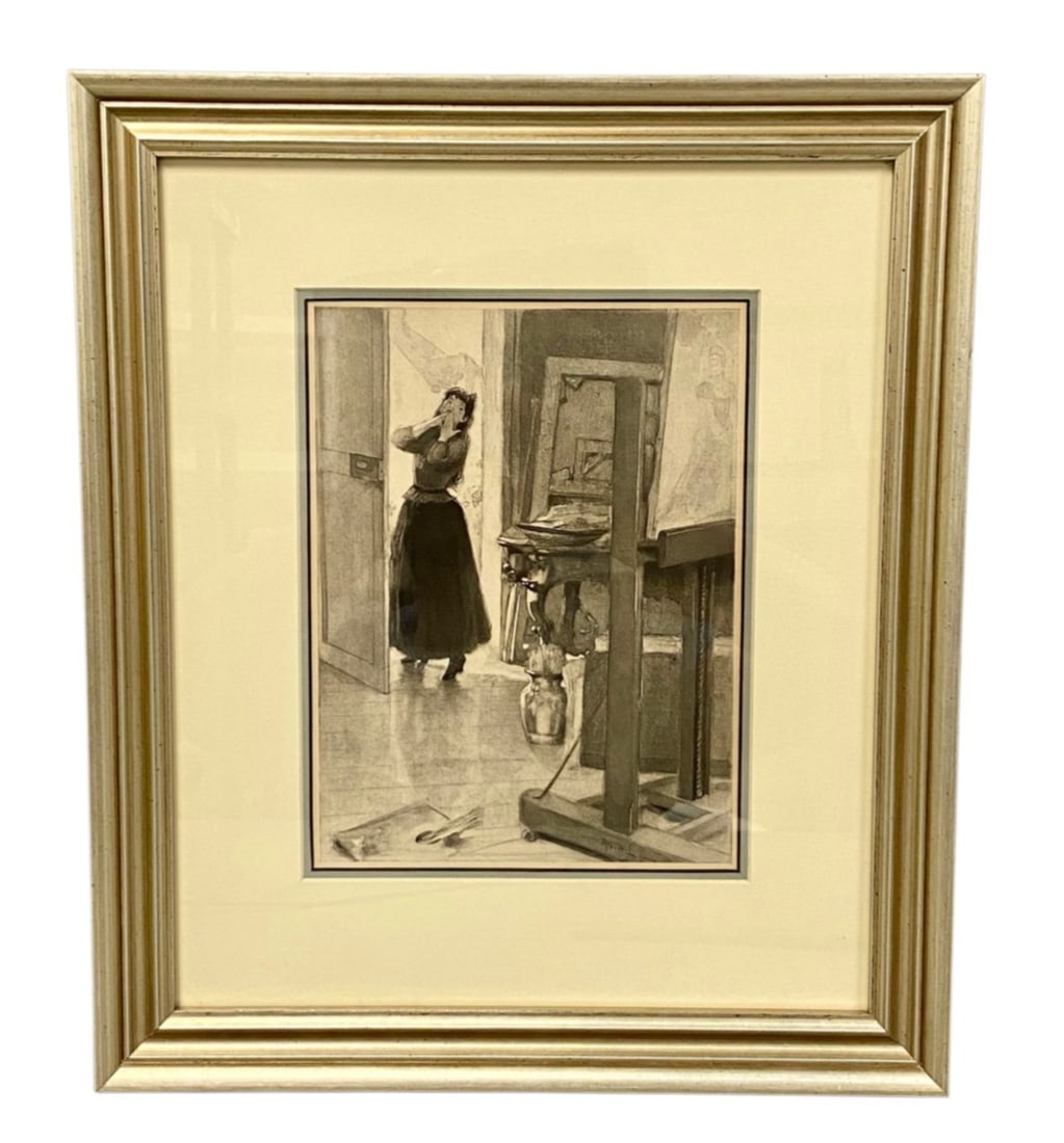 Albert Lynch Studio Interior Wash Drawing Print: Albert Lynch (1851-1912) monochromatic ink and wash drawing period reproductive print on paper depicting a studio interior with a woman standing in a doorway. The composition features a large easel