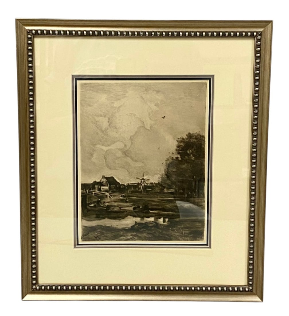 Jacob Maris Dutch Landscape Etching Print: This etching with drypoint and plate tone print by Jacob Maris depicts a traditional Dutch landscape featuring a windmill and cottage under a dramatic, atmospheric sky. The impression shows deep