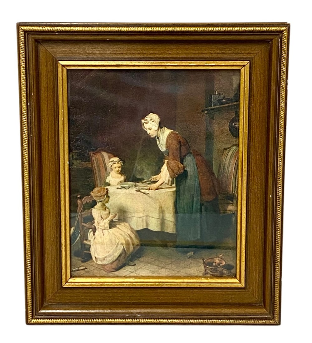 Jean-Simeon Chardin 'Saying Grace' Print: A framed reproduction print of Jean-Sim?©on Chardin's 18th-century genre painting 'Saying Grace'. The image is presented on a textured support under glass within a dark brown wooden frame featuring