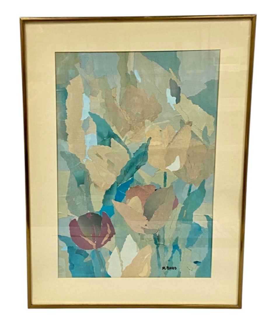 Marilyn Brautigam Baird Hope Paper Collage: This contemporary torn-paper collage by Marilyn Brautigam Baird, titled Hope, depicts a cluster of tulips using layered, hand-tinted paper in shades of teal, maroon, and tan. The work is signed M.