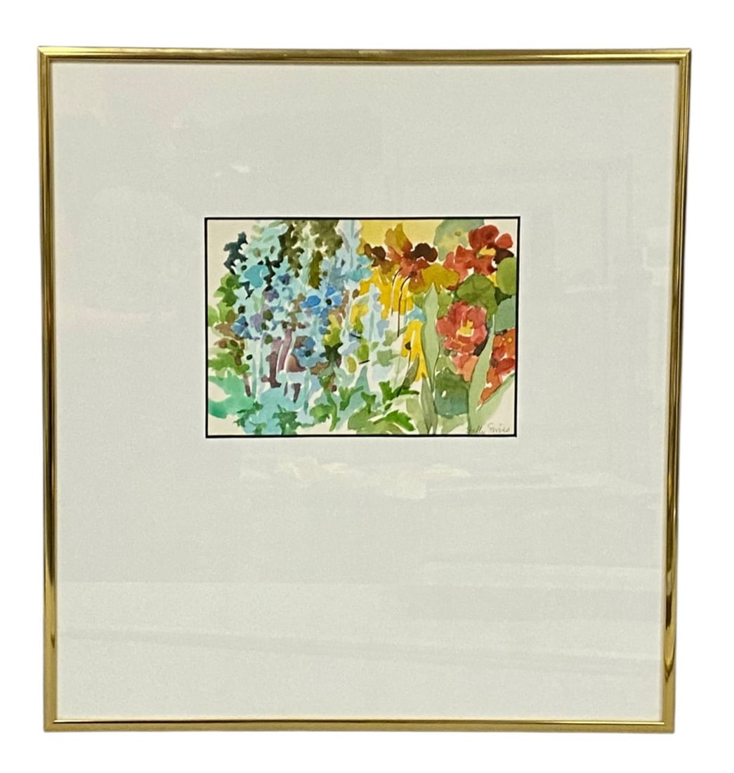 Sally Swiss Floral Watercolor Painting: This impressionistic watercolor on paper by Sally Swiss depicts a vibrant garden scene with blue spires and warm-toned floral blooms. The work features layered washes and loose brushwork characteristi