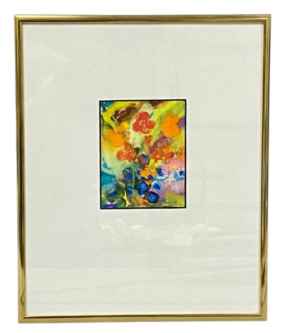 Abstract Floral Watercolor and Gouache: This abstract floral composition is rendered in watercolor and gouache on paper. The work features a vibrant arrangement of overlapping organic forms in primary red, orange, deep blue, and acidic gree