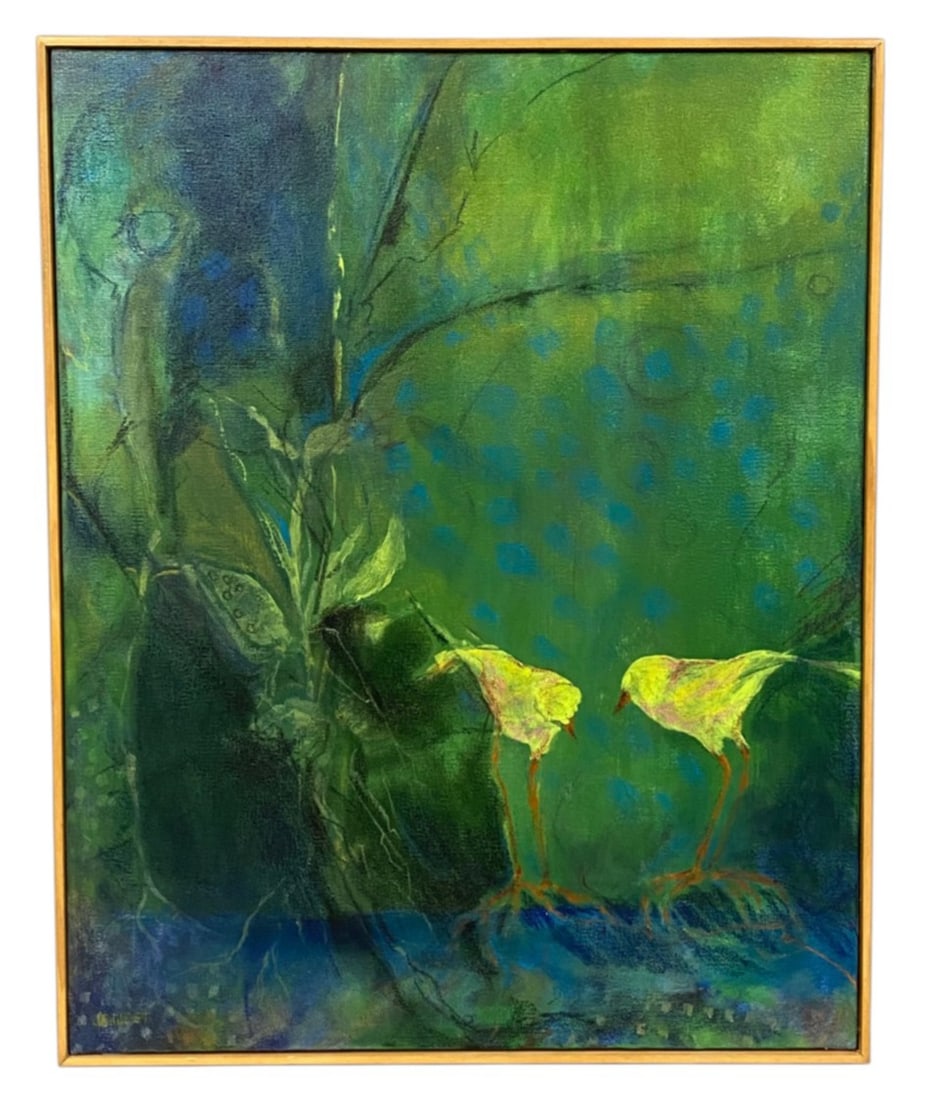 J. E. West Birds Eye Painting: This mixed media painting on stretched canvas, titled Birds Eye, features two stylized yellow birds rendered in acrylic with gestural charcoal or pastel accents. The composition employs a palette of