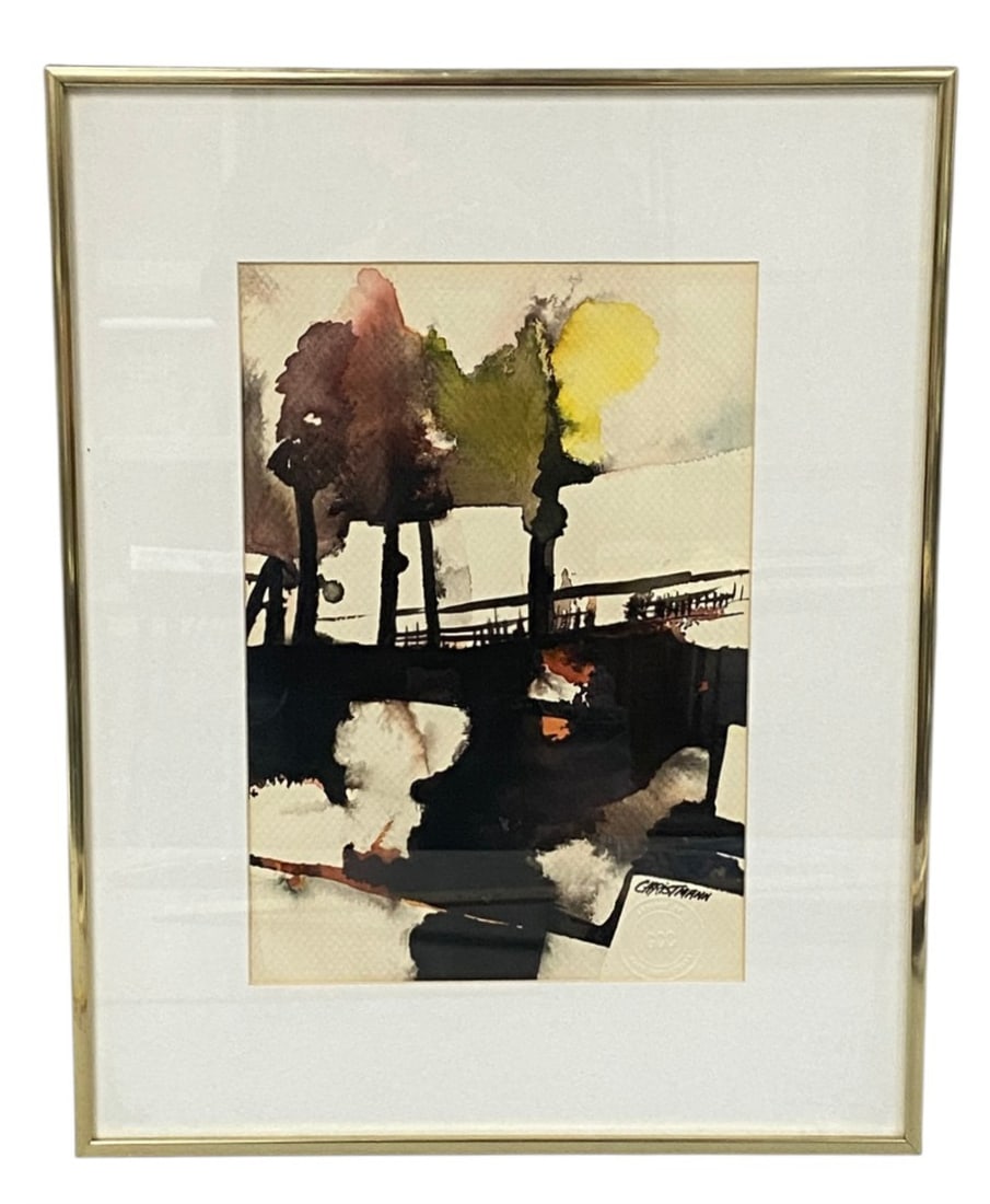 Gary Christmann Abstract Watercolor Painting: This original watercolor and ink landscape on textured paper is titled Changing Colors by American artist Gary Christmann. The composition features a modern abstract interpretation of foliage in green