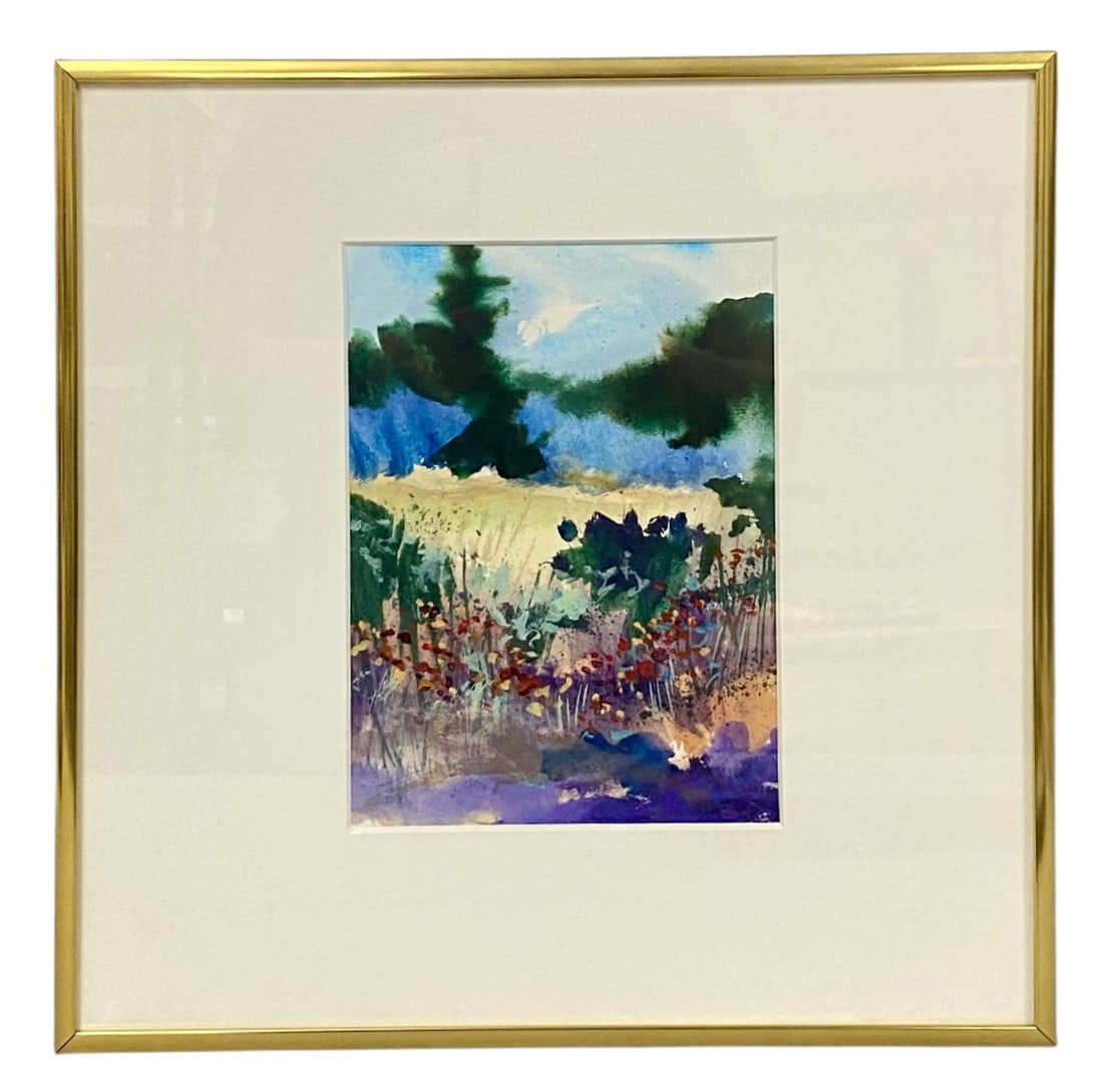 Randall Bonzo Abstract Landscape Watercolor: An abstract impressionist watercolor on paper by Randall Bonzo depicting a vibrant foreground of wildflowers set against a golden meadow and dark trees. The composition utilizes wet-on-wet washes and
