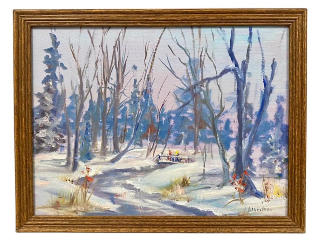 Ken Albertson Winter Landscape Oil Painting: This oil on canvas by Ken Albertson depicts a winter scene at the Fenner Nature Center in Lansing, Michigan. The composition is rendered in an impressionistic style with gestural brushwork and a cool 