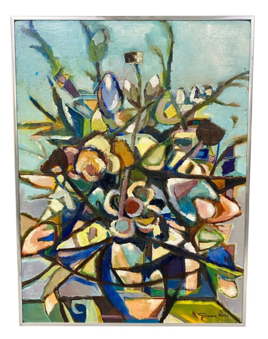 Mina Greco Hall Bouquet of Wishes Oil: This modernist oil on canvas by Mina Greco Hall (American, 20th Century) is titled Bouquet of Wishes and depicts a cubist-inspired floral still life. The work features thick impasto application with h