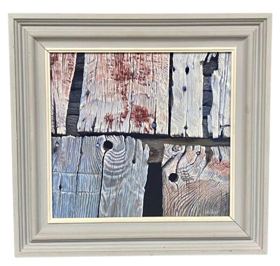 Paul J. Wolber Weathered Acrylic Painting: This acrylic painting on board by Michigan artist Paul J. Wolber depicts a realist macro view of aged wooden planks featuring deep grain textures, knotholes, and protruding rusty nails. The compositio