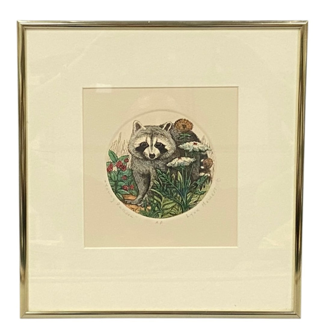 Lynn Meiners Young Raccoon Hand-Painted Etching: This original hand-painted intaglio etching by Michigan artist Lynn Meiners depicts a raccoon in a detailed circular composition. The subject is shown amidst flora including raspberries and Queen Anne