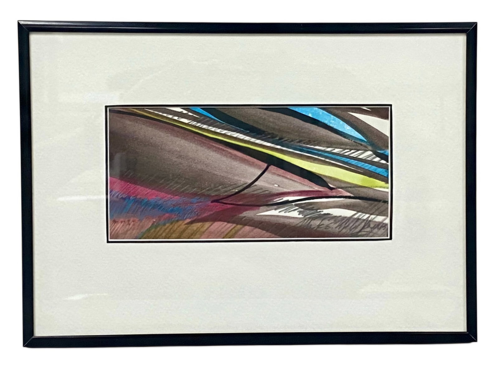 Mark E. Mehaffey Dark Wind Watercolor: This abstract watercolor and gouache on textured paper, titled Dark Wind, features a dynamic composition of gestural lines in a palette of brown, blue, lime, and magenta. The work is signed Mark E. Me