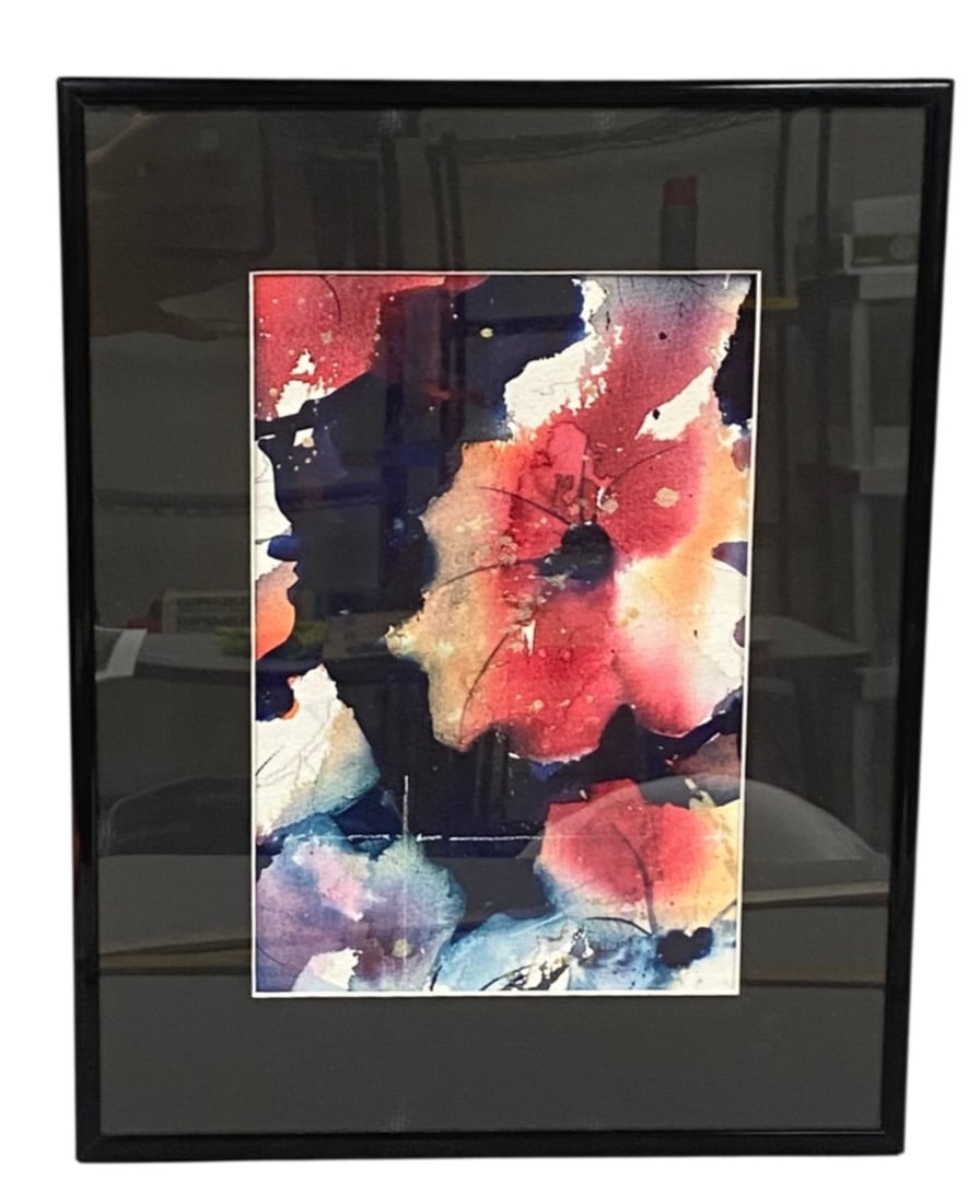 Richard O'Malley Spring Color Watercolor: This expressionistic watercolor and mixed media painting on textured paper is titled Spring Color by Michigan artist Richard O'Malley. The composition features a vibrant central floral form in shades 
