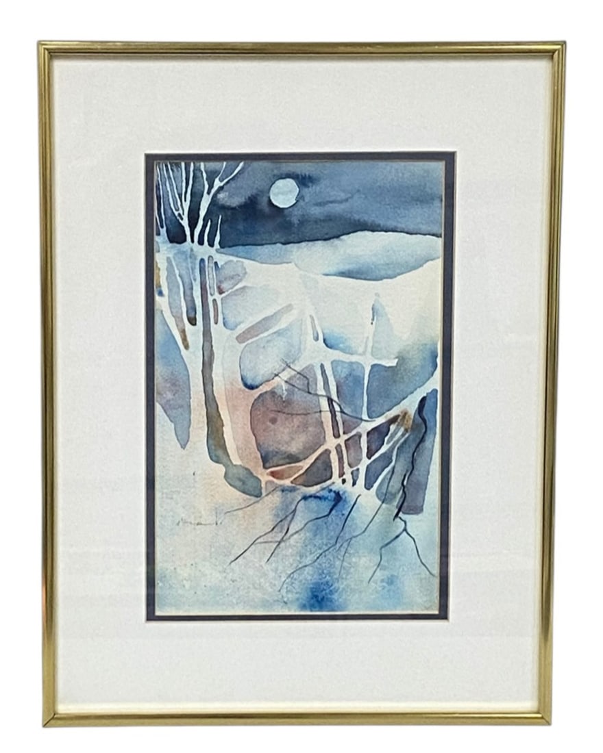 Richard O'Malley Winter Night Watercolor: This modernist watercolor on textured paper depicts an abstracted winter landscape under a full moon. Titled Winter Night, the composition utilizes fluid blue washes and lifting techniques to define