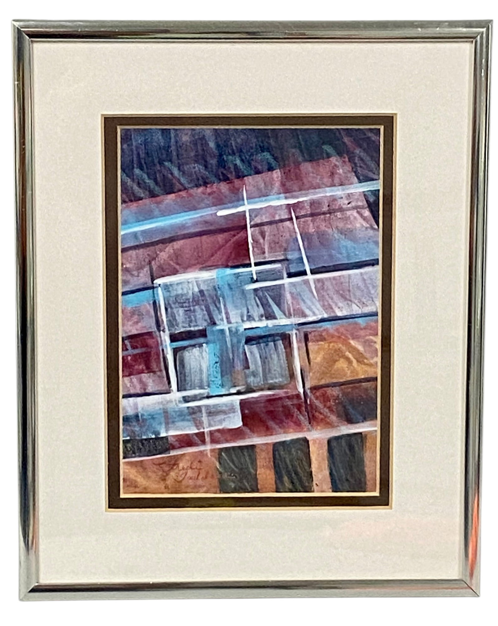 Fredi Taddeucci Window Abstract Watermedia: This modernist abstract watermedia painting titled Window was executed by Michigan artist Fredi Taddeucci in 1997. The composition features a structured layering of geometric planes in shades of