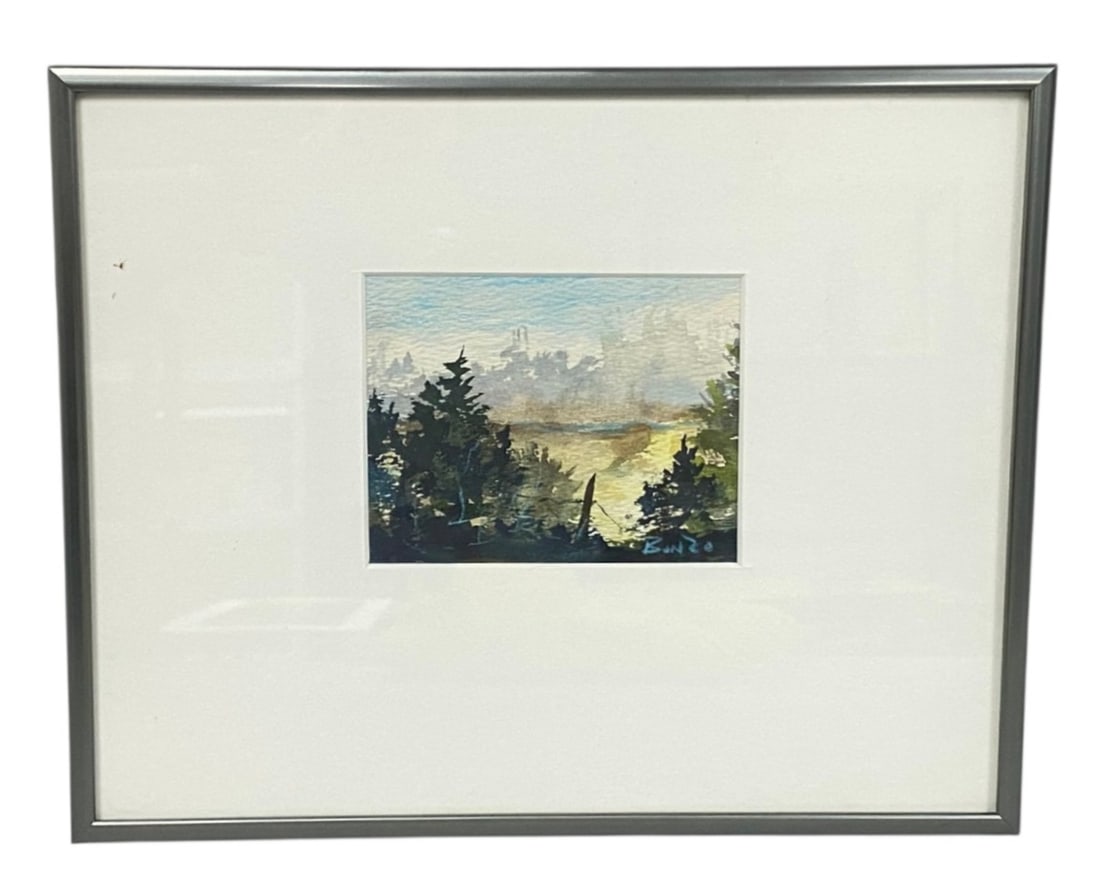 Bonzo Miniature Landscape Watercolor Painting: This miniature landscape is executed in watercolor on heavy-weight textured paper and depicts a view through evergreen trees toward a hazy horizon. The work is signed Bonzo in blue pigment at the