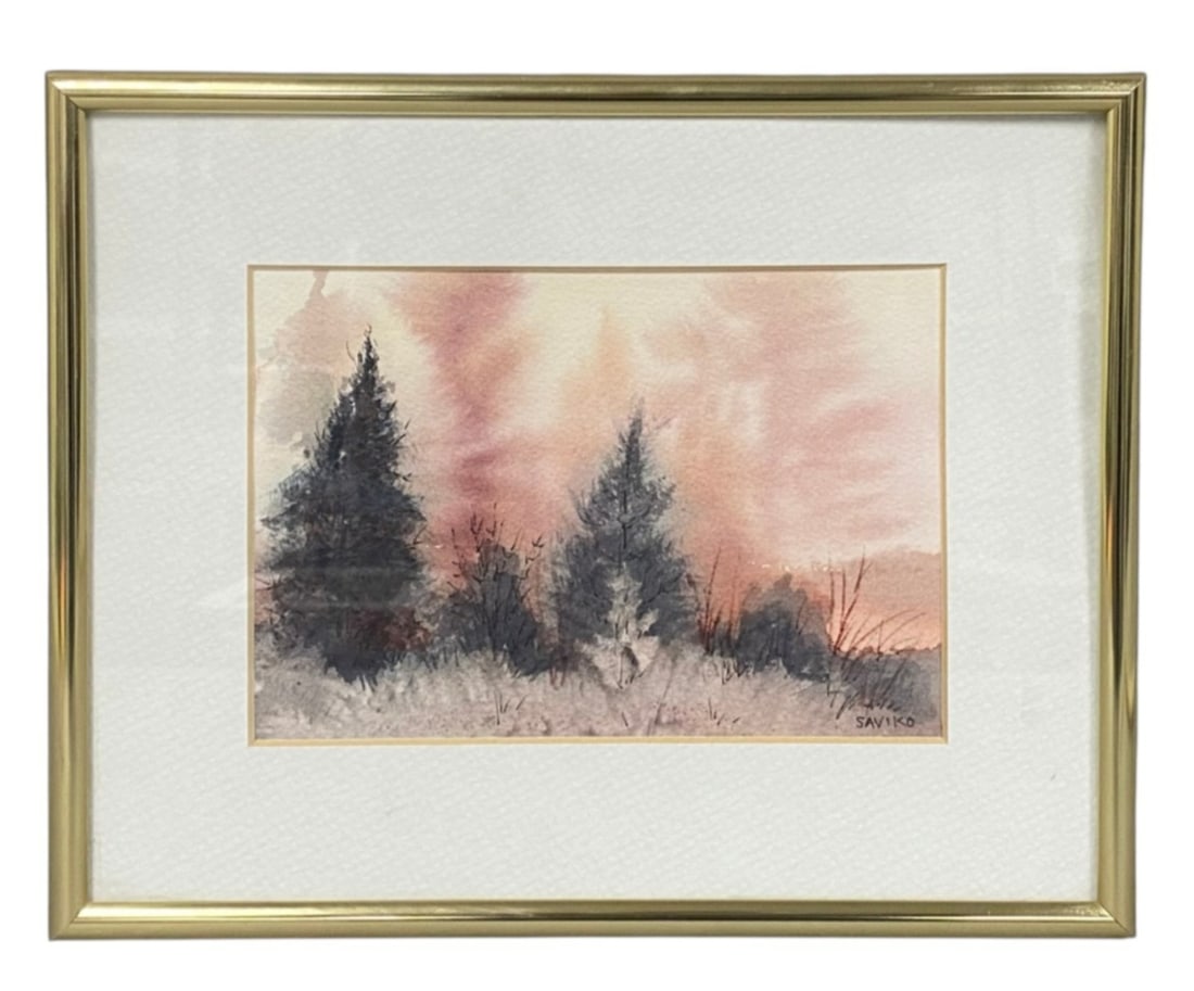 Anita G. Saviko Misty Marsh Watercolor: This original watercolor on paper by Anita G. Saviko is titled Misty Marsh and belongs to her Fall Misty Series from 2002. The atmospheric landscape features soft washes of mauve and pink depicting a