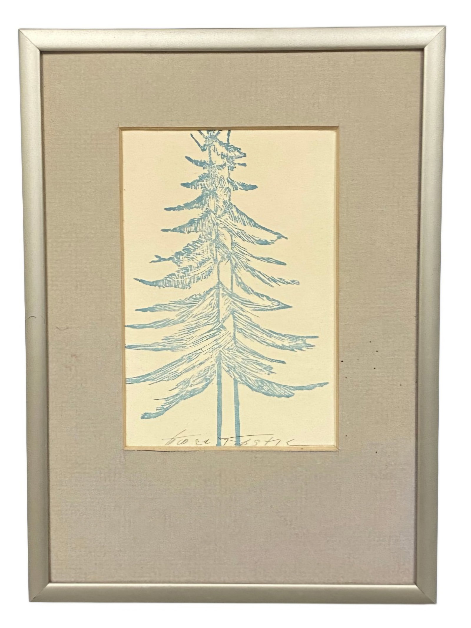 Gwen Frostic Evergreen Linocut Print: This linocut print by Gwen Frostic features a stylized evergreen tree rendered in blue ink on cream-colored paper. The artwork is signed in pencil along the bottom margin and is presented in a texture