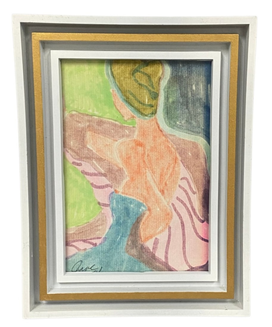 Jane McChesney Turn About Face Drawing: Jane McChesney (American), Turn About Face. This stylized modernist work is executed in marker on paper and depicts a female figure viewed from behind. The composition features bold blocks of pink,