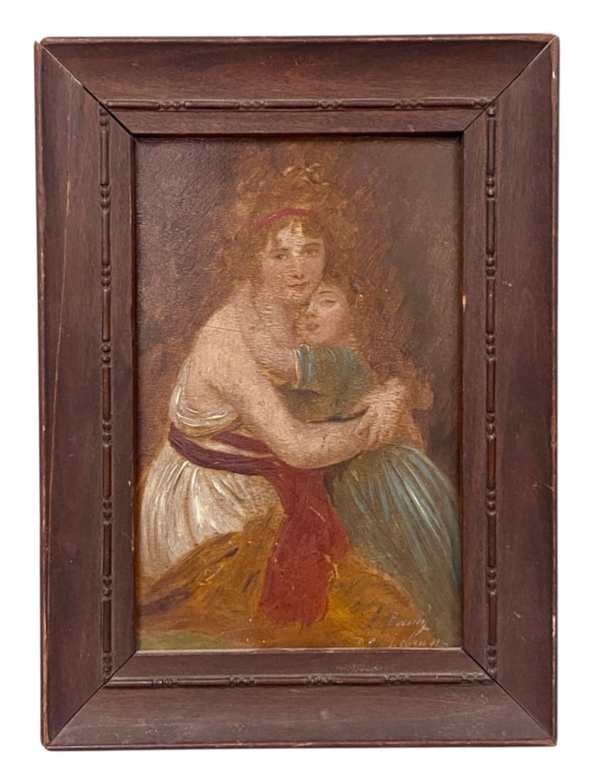 Barry Oil Painting After Le Brun: An oil painting on wood panel depicting a mother and child in a Neoclassical embrace after Elisabeth Vigee Le Brun. Signed Barry d'ap Lebrun at the lower right, the panel also features an impressed Pa