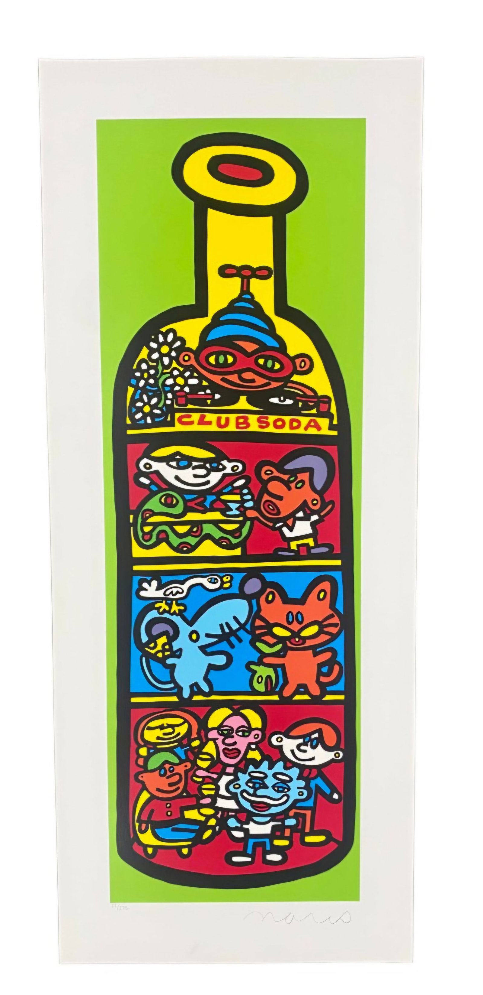 Peter Marco Club Soda Screenprint: This large-scale screenprint by Peter Marco features a variety of stylized characters contained within the silhouette of a soda bottle. The piece is hand-signed marco in pencil in the lower right
