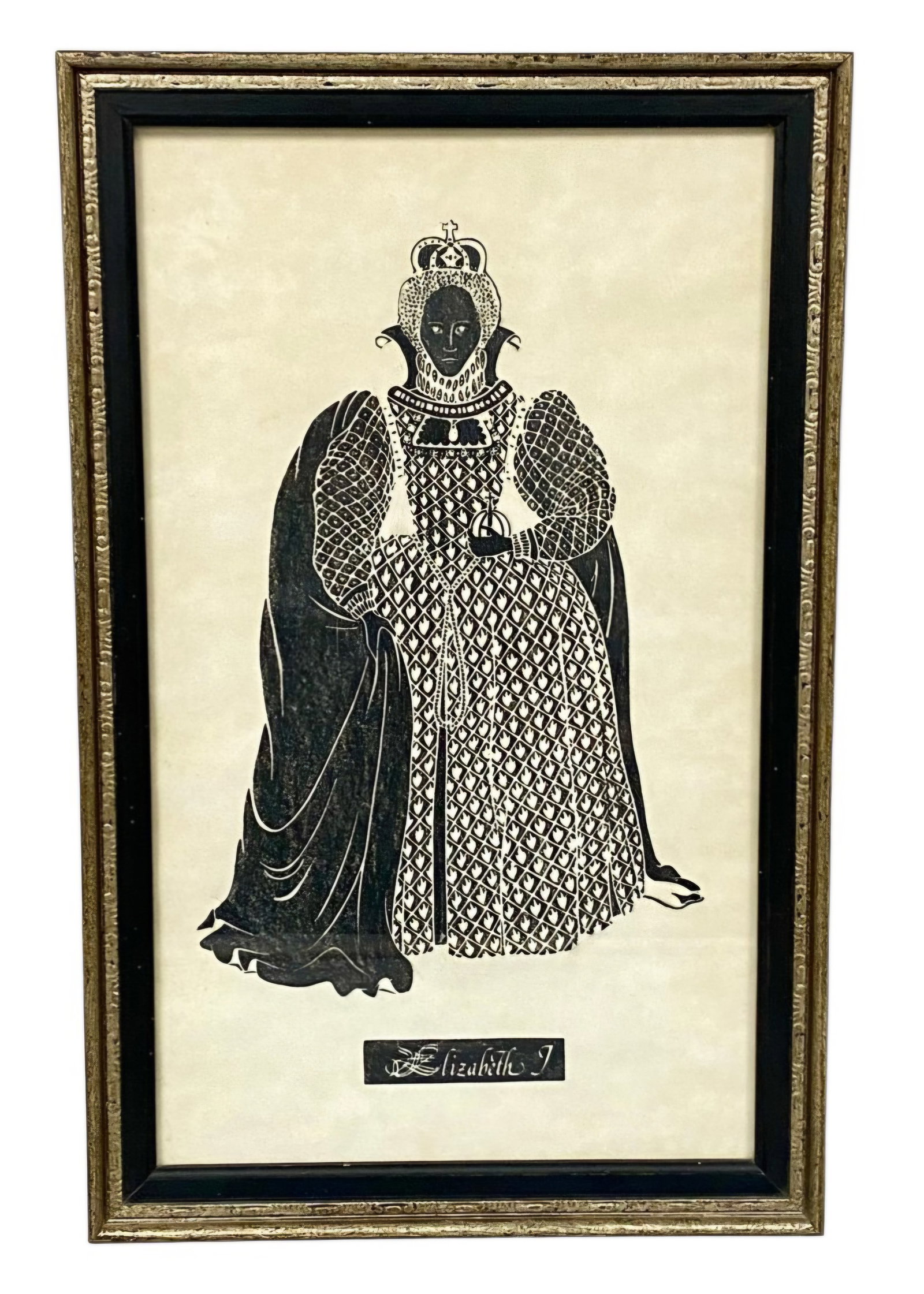 Elizabeth I Relief Block Print: This relief block print depicts Queen Elizabeth I in stylized regalia, holding a globus cruciger and wearing a lattice-patterned gown. The image is printed in black ink on a cream paper ground with a