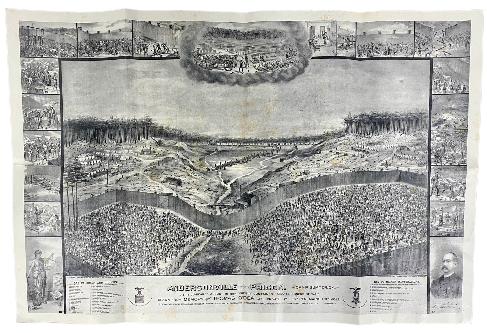 Thomas O'Dea Andersonville Prison Lithograph Repro: This lithograph reproduction titled Andersonville Prison, Camp Sumter, Georgia was drawn from memory by Thomas O'Dea, a survivor and veteran of the 16th Maine Infantry. Produced by Henry Seibert and