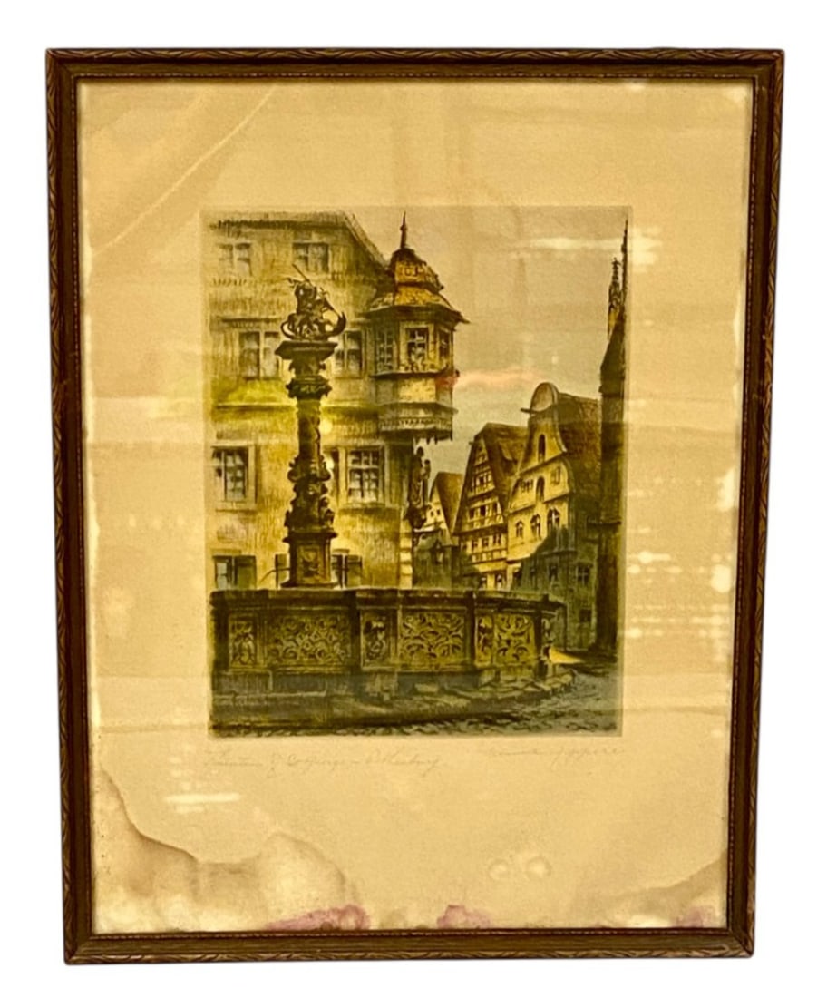 Ernst Zipperer Rothenburg Fountain Etching: This hand-colored etching with aquatint by Ernst Zipperer depicts the St. George Fountain in Rothenburg ob der Tauber. The architectural composition features the ornate Renaissance fountain against a 