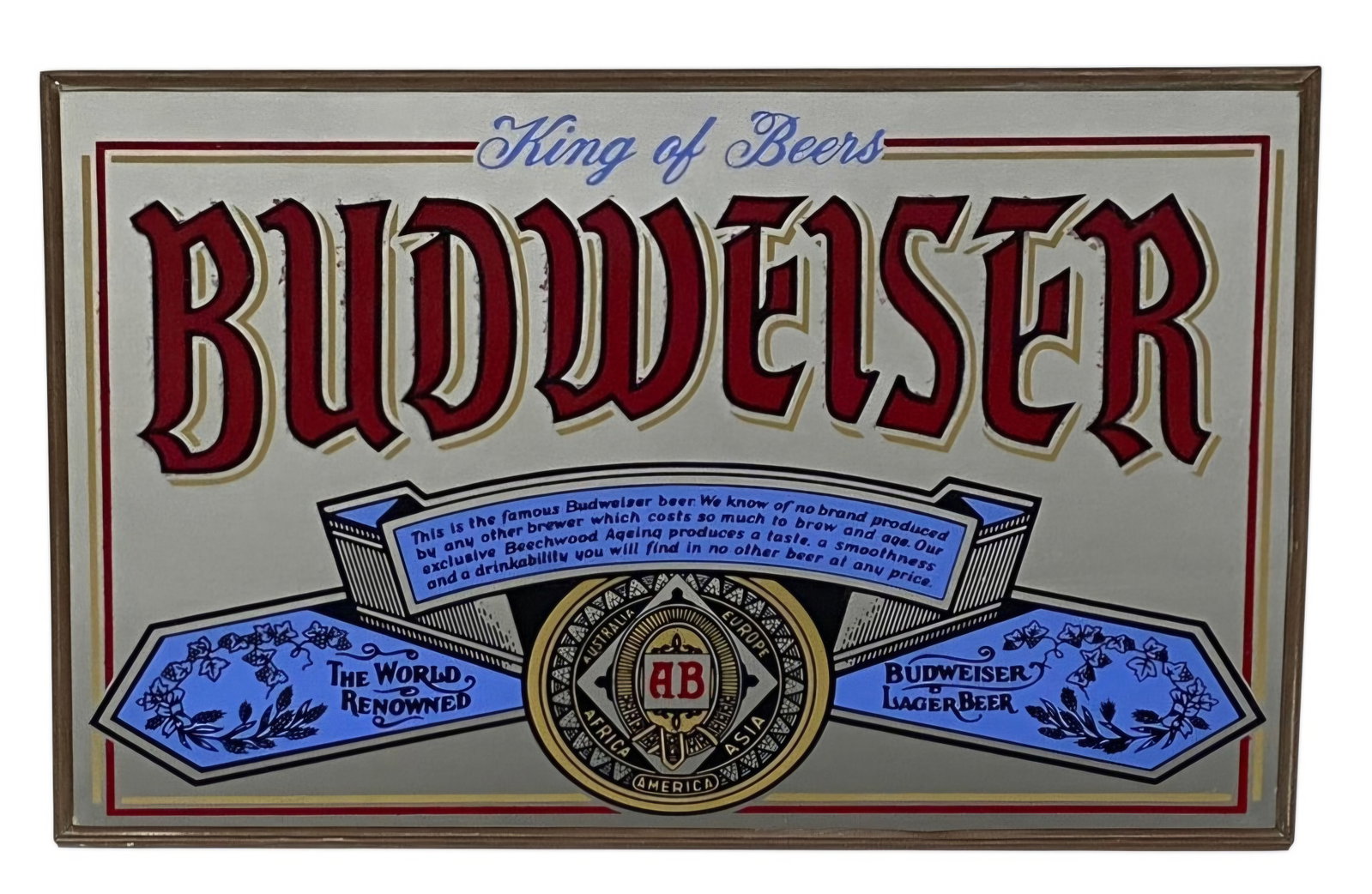 Stamford Art Budweiser Bar Mirror: This screen-printed glass advertising mirror was produced for Budweiser by Stamford Art and features the brand's iconic King of Beers slogan and beechwood aging statement. The central Anheuser-Busch m