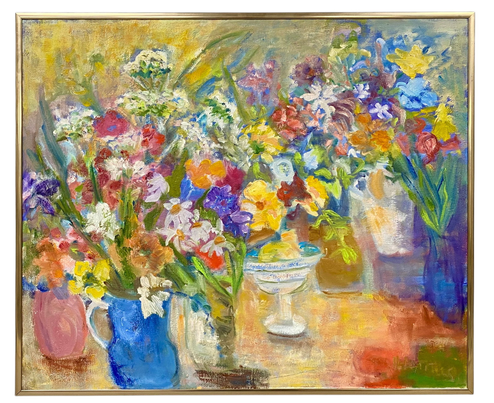 Ila Titus Queen Anne's Lace Still Life: An oil on canvas floral still life titled Queen Anne's Lace by Ila Titus (American, 1918-1991). The composition features an abundant arrangement of blossoms in multiple vessels rendered with thick, ex